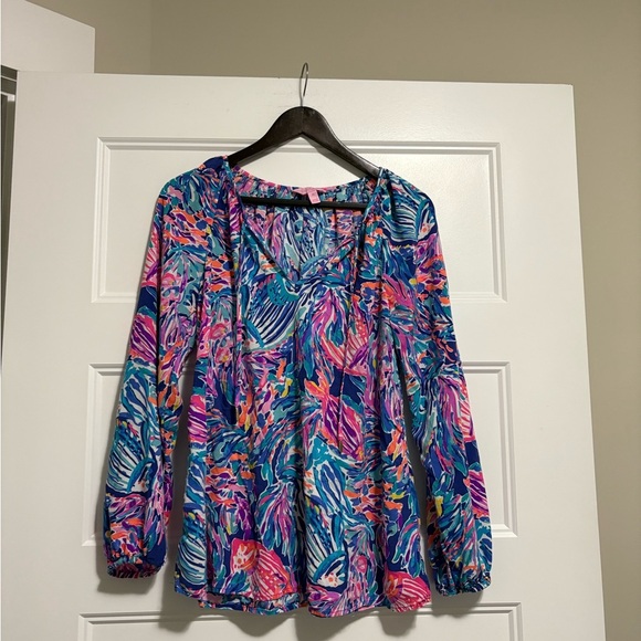 Lilly Pulitzer Willa Long Sleeve Tunic Top In True Blue Seas The Day Medium - Picture 1 of 9